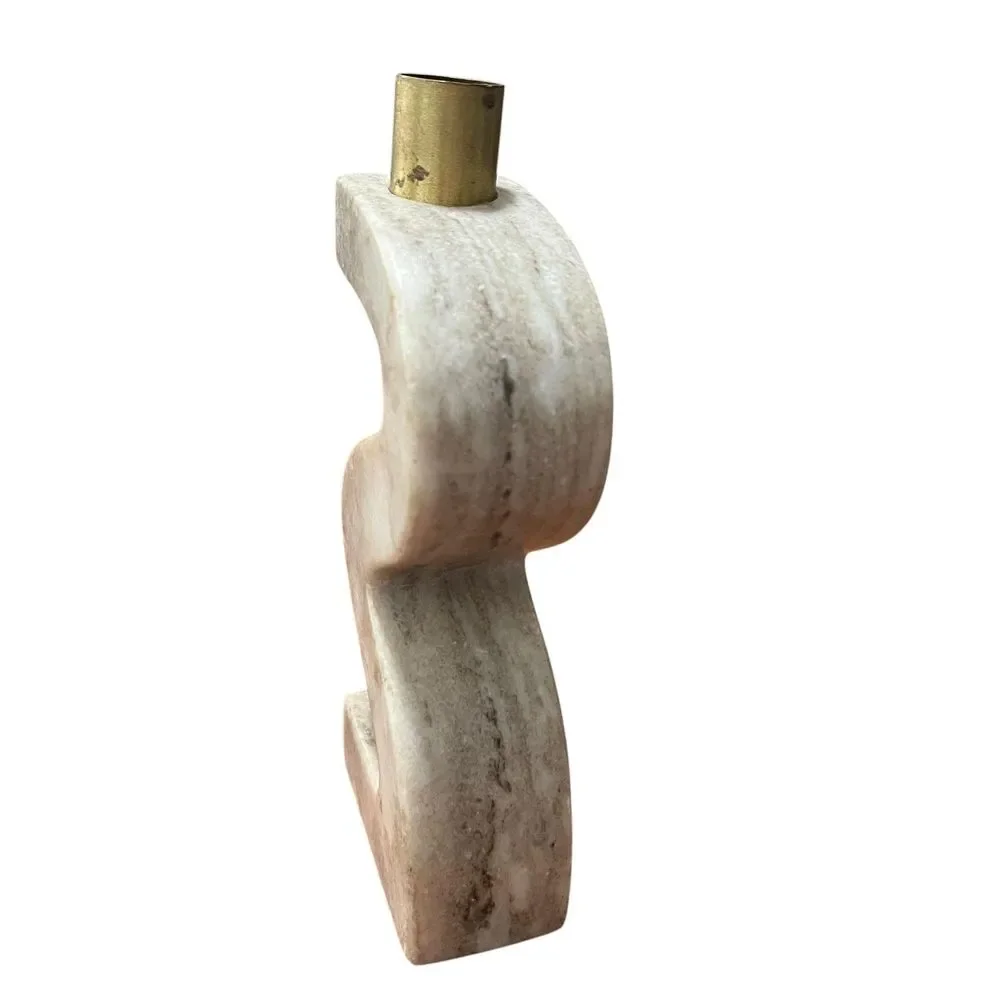 Marble Brass Abstract Zigzag Candlestick Holder Tan Handmade India Modern Decor